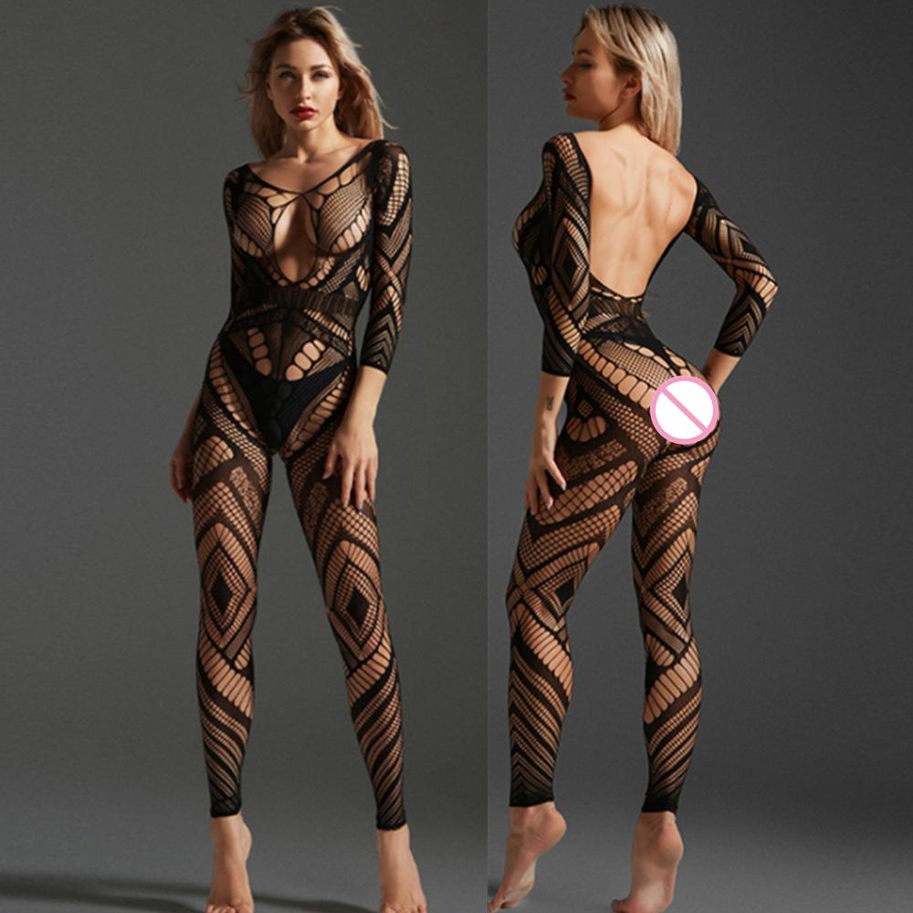 Sexy Mesh Bodystocking Lingerie Bodysuit Underwear Women Fishnet Open Crotchless Catsuit Mesh Tights Erotic Babydoll Teddies