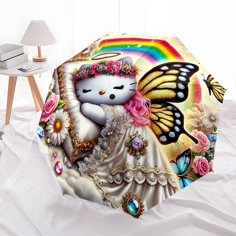 1pc Hello Kitty Butterfly Wings Automatic Opening/Closing Umbrella - Portable Folding Design, 8-Bone Iron Frame Outdoor Umbrella, Ideal Gift for Fans,