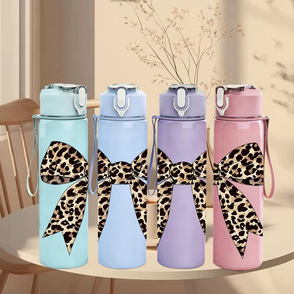 1PC Leopard Print Bow Ribbon Print 750ml Color Plastic Sports Water Bottle Leakproof Flip Straw Lid Suitable for Sports Office Home Use