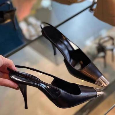 Модные кожаные женские туфли-лодочки Модные металлические туфли с квадратным носком на высоком каблуке Офисные женские туфли Весна-лето Женские туфли с открытой пяткой