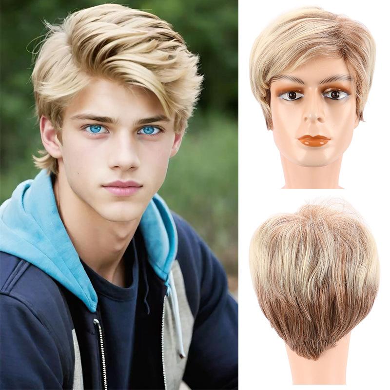 Synthetic Casual Hair Short Blonde Wig for Men Male Wig with Bangs Curly Hairstyle Natural Pixie Cut Wigs Cosplay Heat Resistant