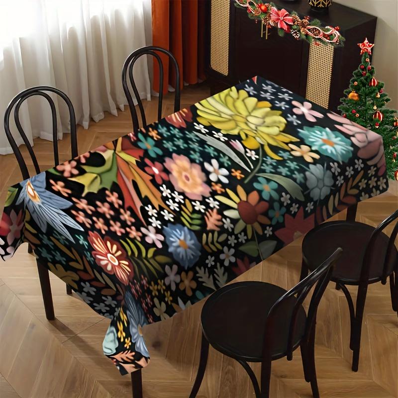 2D Flat Banner 2D Flat Tablecloth 1pc Retro Black Bohemian Style Floral Pattern Tablecloth. Home, Dining Table, Kitchen, Living Room, Party, Holiday D