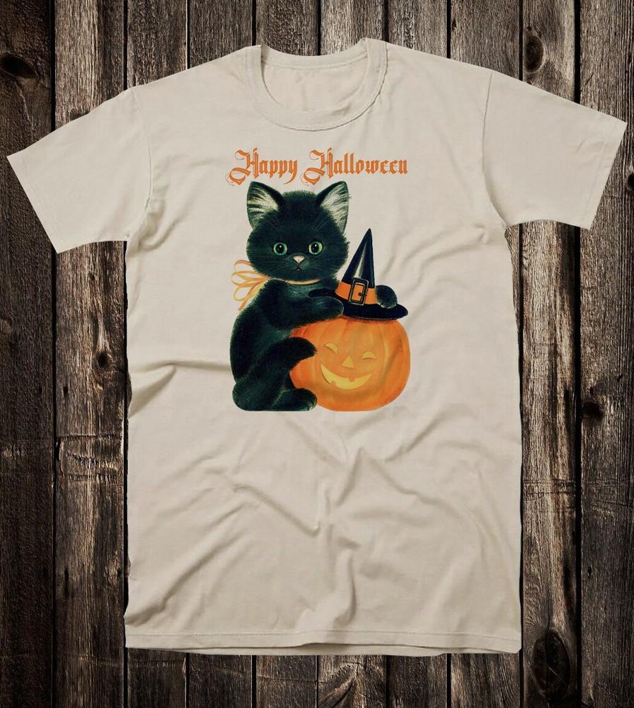 Ретро Хэллоуин Футболка Vtg Арт Белый Хлопок Милый Черный Кот Тыква Jack O Lantern Унисекс Футболка