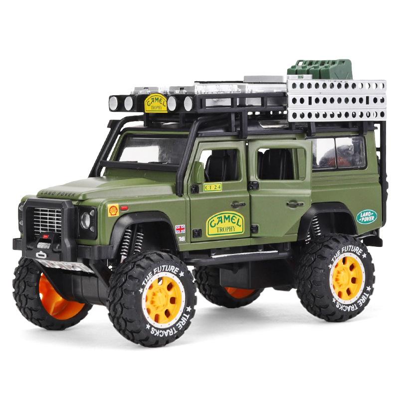 1:28 масштабов Camel Trophy Defender Литые игрушки из сплава Модели автомобилей, металлические игрушечные транспортные средства с функцией откатывания Коллекции света и звука Подарки