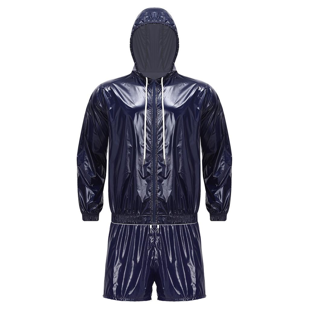 Mens Waterproof Sportswear Long Sleeve Zip Up Hooded Jacket Windbreaker Built-in Briefs Boxer Shorts Sweat Outfit