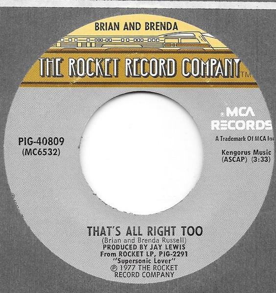 7-дюймовая пластинка BRIAN BRENDA RUSSELL Thats Alright Too Who Loves You PIG40809 The Rocket Reco 1977 США Поп Б/у