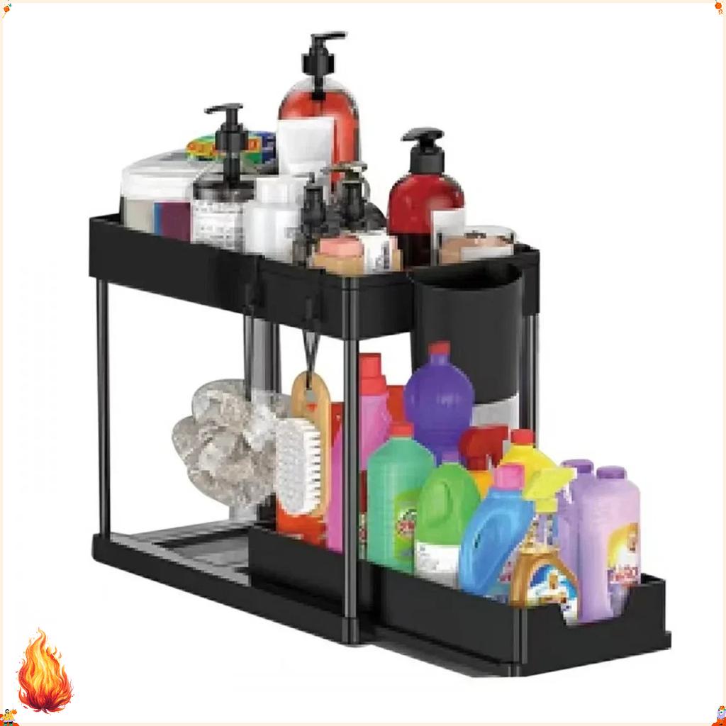 2 Tier Under Sink Organizer Sliding Cabinet Storage Rack With Hooks Hanging Cups Multifunctional Kitchen Bathroom Organizer 2