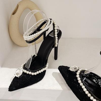 Стильные сетчатые женские туфли-лодочки с острым носком и блестящими кристаллами, сексуальные свадебные туфли на высоком каблуке с ремешком на щиколотке и вечеринкой для выпускного вечера