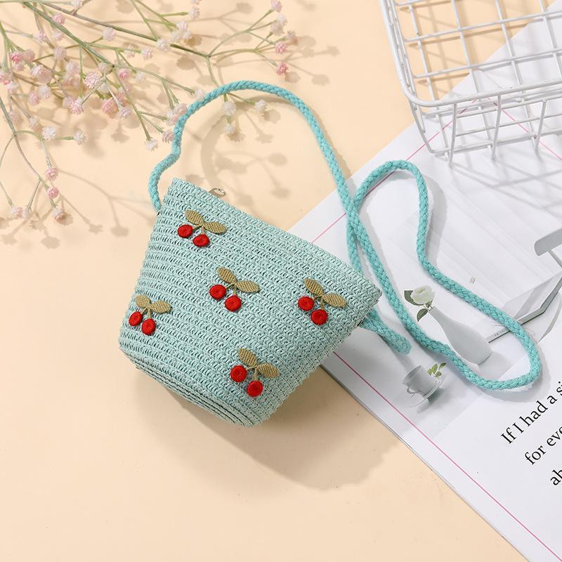 Girls Foldable Straw Crossbody Bag Cute Red Cherry Print Lightweight Woven Purse for Kids Summer Holiday