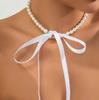 Trend Wedding Party Jewelry Long Black Ribbon Choker Necklace For Women Elegant White Imitation Pearl Beach Vacation Necklaces