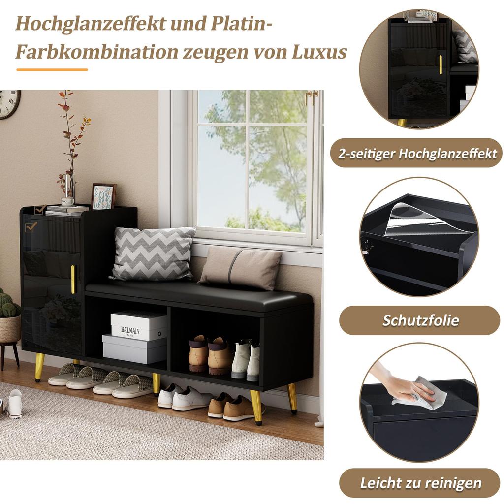 Schuhbank Schwarz Hochglanz Sitzbank Stauraum, gepolstert, 1 Schranktür, 2 offene Fächer, Schuhregal Flur, Eingang, Wohnzimmer, bis 100 kg