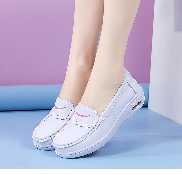 Туфли медсестры из натуральной кожи, женские, с воздушной подушкой, мягкая подошва, удобные, нескользящие, полые, медицинские, рабочие, маленькие белые туфли
