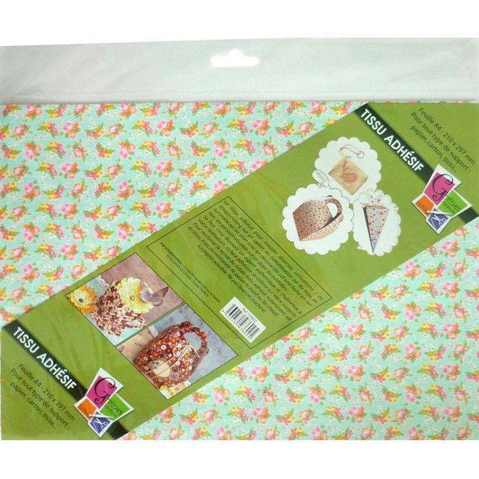 Tissu adhésif - PW - A4 - Vert avec motifs de roses - 21 x 29.7 cm - Mixte