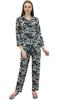Black Button-Down Shirt With Elastic Waist Pajama Printed Night Wear