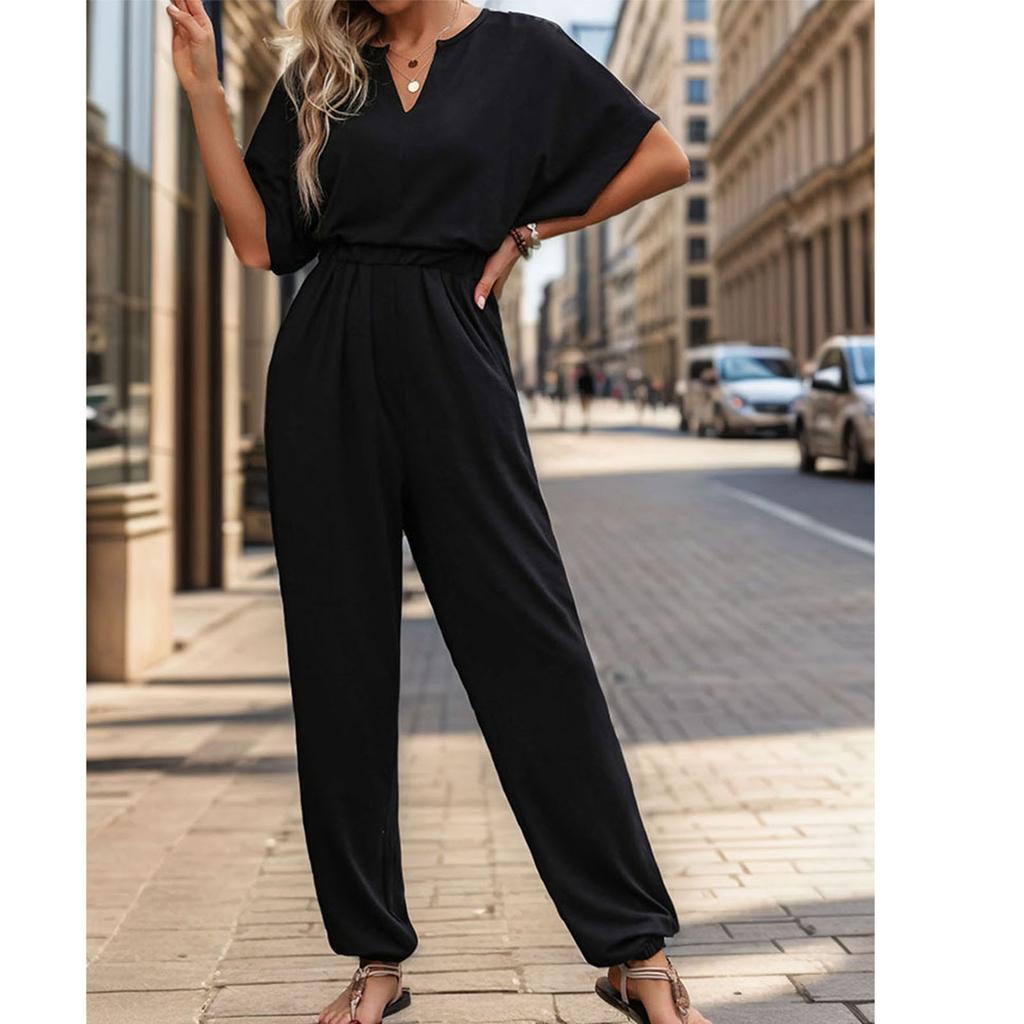 Женский повседневный свободный однотонный комбинезон с V-образным вырезом и короткими рукавами, брюки-комбинезон с короткими рукавами