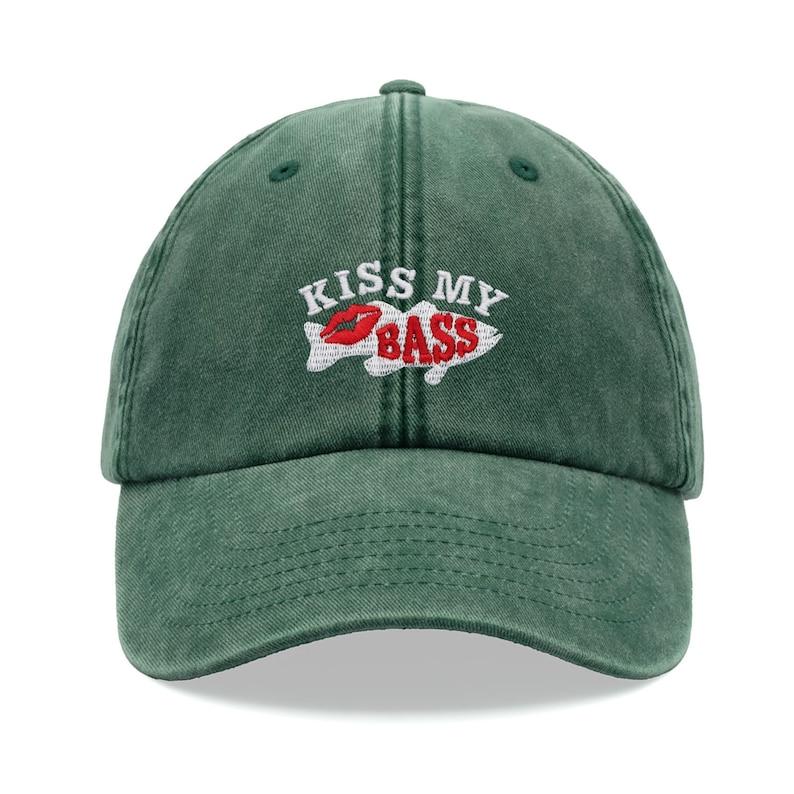 1pc "Kiss My Bass"leisure Unisex Baseball Cap,outdoor Windproof Vintage Washed Dad Skull Hat Suitable for Fishing,holiday,tralve