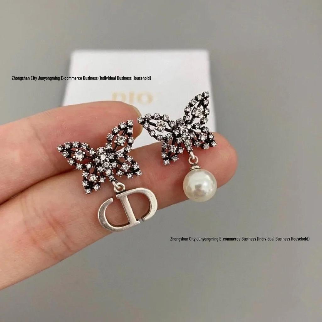 Черно-золотые серьги-гвоздики CD с кисточками, бриллиантами, жемчугом и бабочками - Женская высококлассная мода