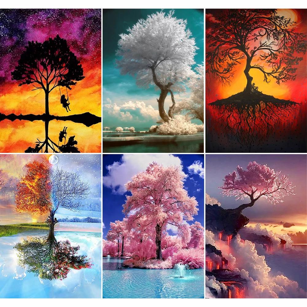 5D Diy Diamond Painting Round Four Seasons Tree Landscape Painting Moon Embroidery Mosaic Home Decoration Gift