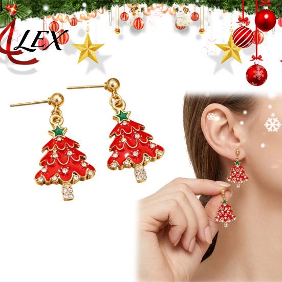 Winter Holiday Gift for Women 1 Pair Christmas Earrings Women, Xmas Tree Dangle Festive Red Green Stud Earrings, Sparkling Rhinestone Festival