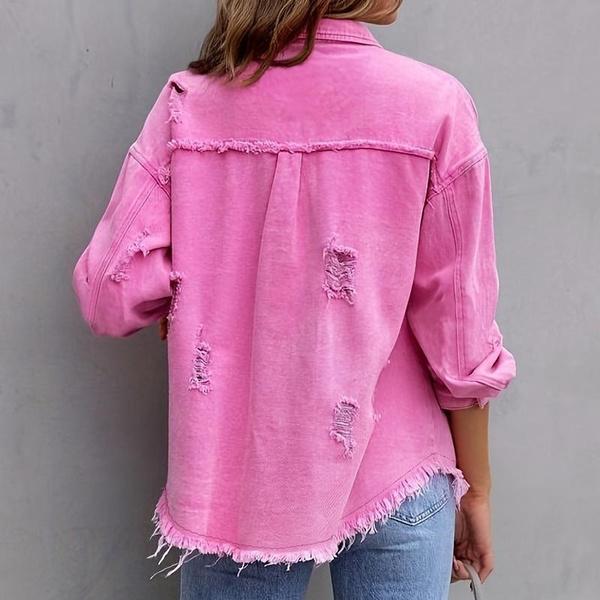 Jackets for Women Basic Distressed Ripped Fringe Denim Tops Casual Solid Color Long Sleeve Button Jean Coat