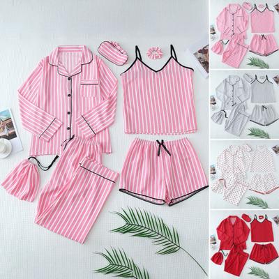 Женский атласный пижамный комплект из 7 предметов Сексуальный топ-ками с пуговицами, топ с длинным рукавом и шорты, брюки, одежда для сна, пижамный комплект