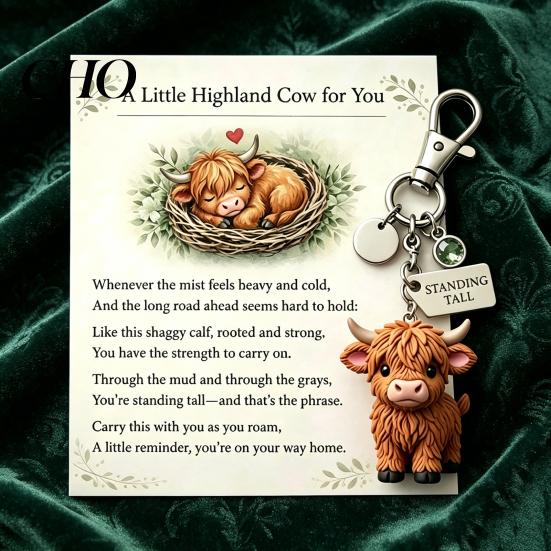 Cow Lover Gift Keychain Pendant Highland Charm Key Chain with Inspirational Pink Still Standing Tall Label Soft Alloy Resin Keyring Animal Accessory