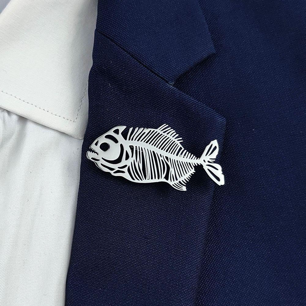 Punk Style Hollow Fish Bone Brooch Plated Corsage Pin Stainless Steel Brooch Clothes Accessories