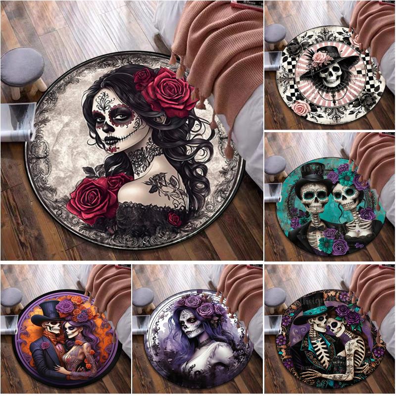 1Pc Day of the Dead skull Circular Print Rug - home decoration Carpet For Living Room Bedroom Flooring Computer Chair Area Rug