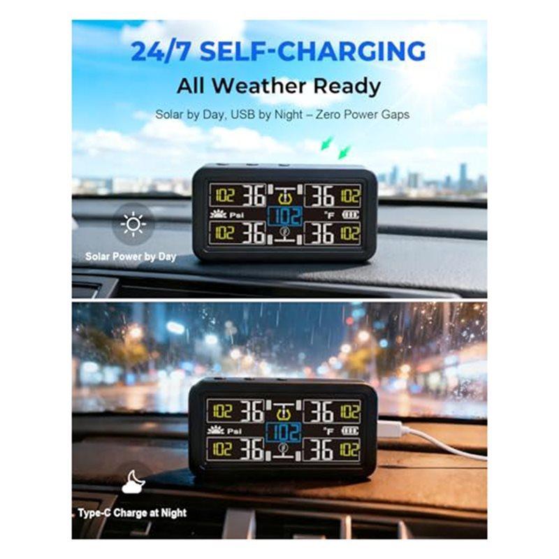 Solar Tire Pressure Monitor With 4 Inch Inch LCD Display TPMS System 5 Modes For RV/Trailer/Truck