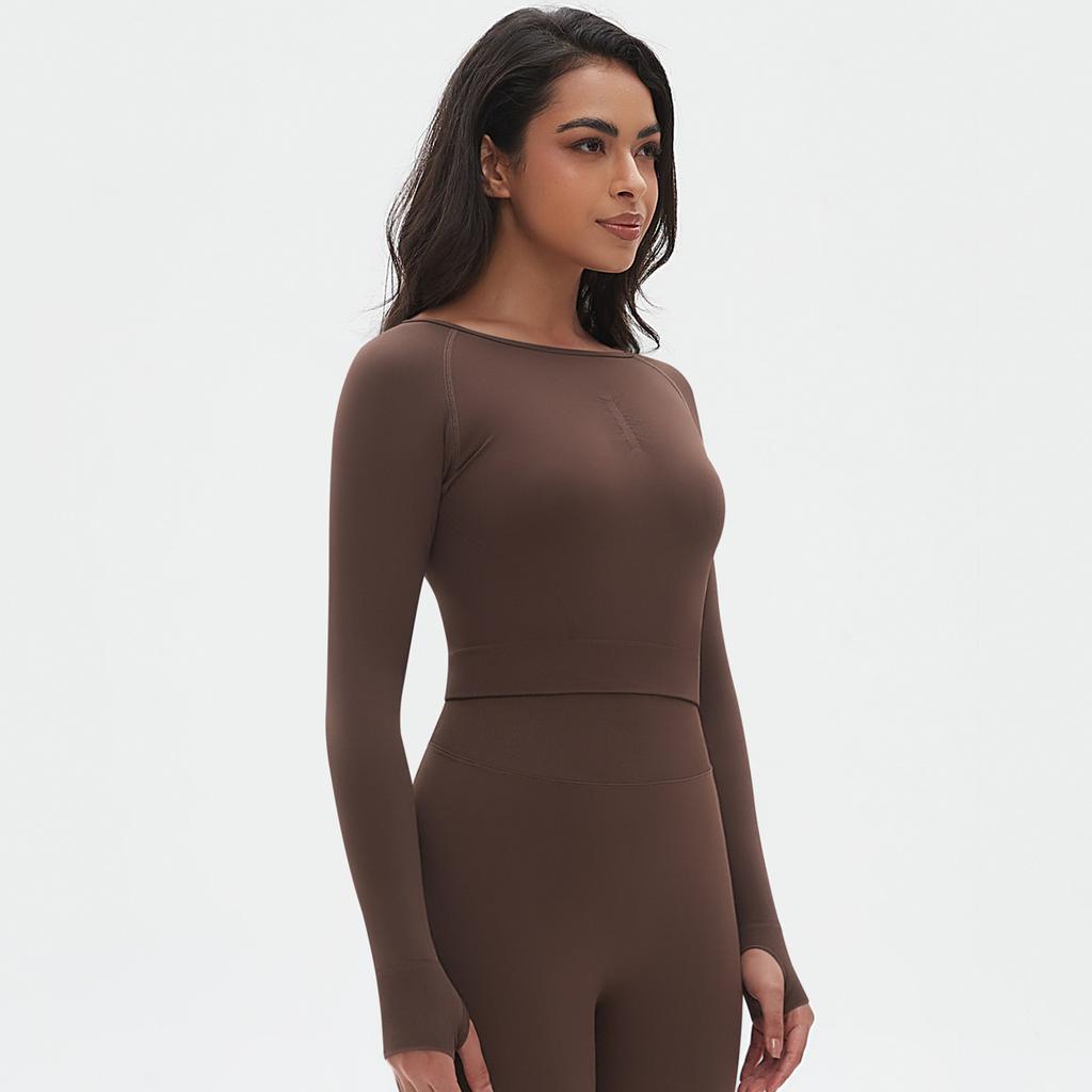 Seamless Knitted Solid Color Peach Tight T-shirt Top Fitness Exercise Yoga Clothing Moisture Absorbing Body Shaping Long Sleeve Women