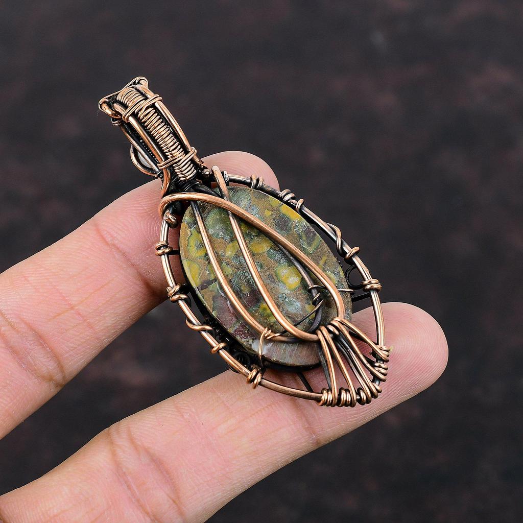 Медный кулон от сглаза, фруктовая яшма, медная проволочная обертка, кулон с радужным лунным камнем, уникальное ювелирное украшение от сглаза, подвеска ручной работы из драгоценного камня