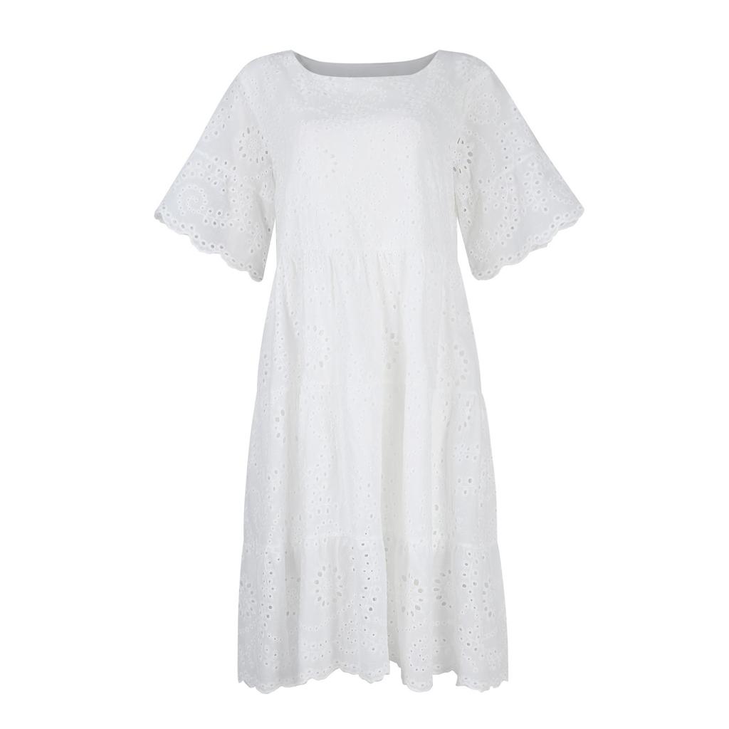 Модное однотонное хлопковое кружевное платье с вышивкой