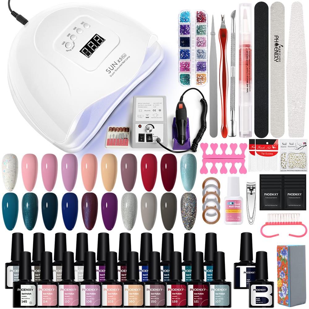 Набор гелей для ногтей PHOENIXY, профессиональный дизайн ногтей с УФ-светодиодной лампой 80 Вт, дрель для гель-лака для ногтей, набор инструментов для удаления лака для ногтей, набор инструментов для маникюра