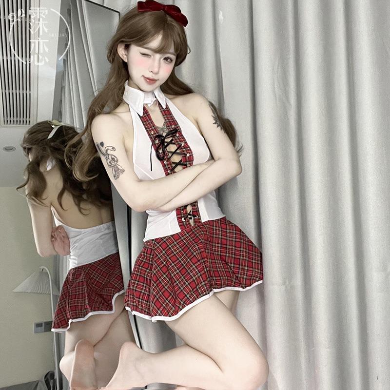Sexy lingerie neck strap Japanese red grid senior uniform suit cosplay uniform temptation