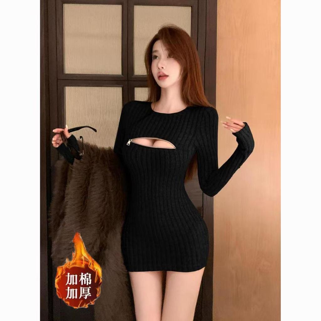 Pure desire Spice Girl sexy chest zipper dress women's spring new slim and thin hip skirt A-shaped skirt