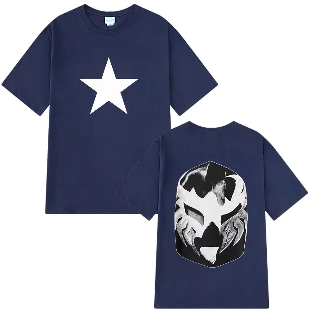 Oversized Black Cotton Casual Streetwear T-Shirt with White Star Print on Front and Lucha Libre Mask Graphic