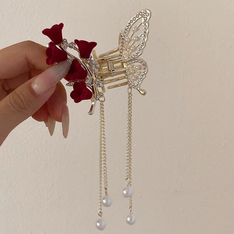 Винтажные бархатные когти для волос с красной розой для женщин, роскошные металлические зажимы, заколки для волос, заколки для волос, новые аксессуары для волос со стразами, головные уборы