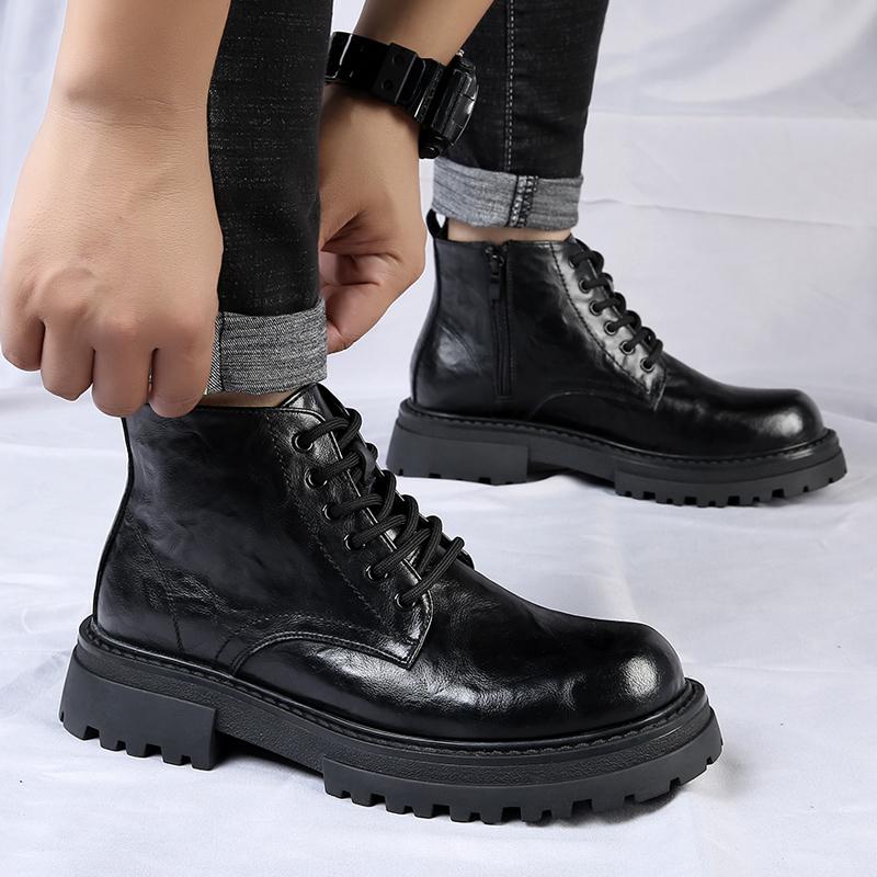 Модные кожаные мужские ботинки с толстой подошвой, классические ботинки в британском стиле, деловые, высококачественные, водонепроницаемые, на молнии, с большим круглым носком