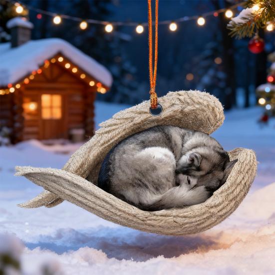 Собака спит в крыльях ангела, 2D плоское украшение, подвеска для зеркала заднего вида автомобиля, сувенир в память о питомце для рождественской елки, аксессуары для интерьера автомобиля