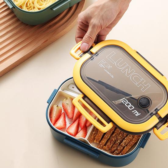 1200ml Buckle Design Airtight Lunch Box Microwave Safe Large Capacity Meal Prep 2 Layers Grids Bento Case for Office School