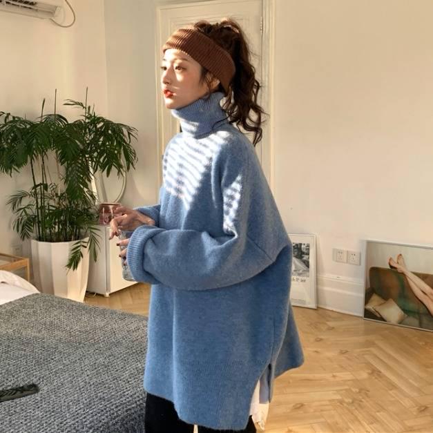 Зимний толстый свитер с высоким воротником, женский свободный пуловер, однотонный вязаный свитер с разрезом