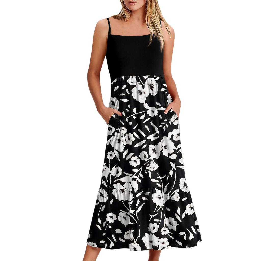 Women's Long Beach Casual Elegant Spaghetti Strap Maxi Dress Floral Low-key Flowing Bohemian Dress