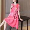 Pleated Dress Summer Loose Large Size Long Section Retro Printing Fold A Word Skirt High-end Short Sleeve O Neck Dress