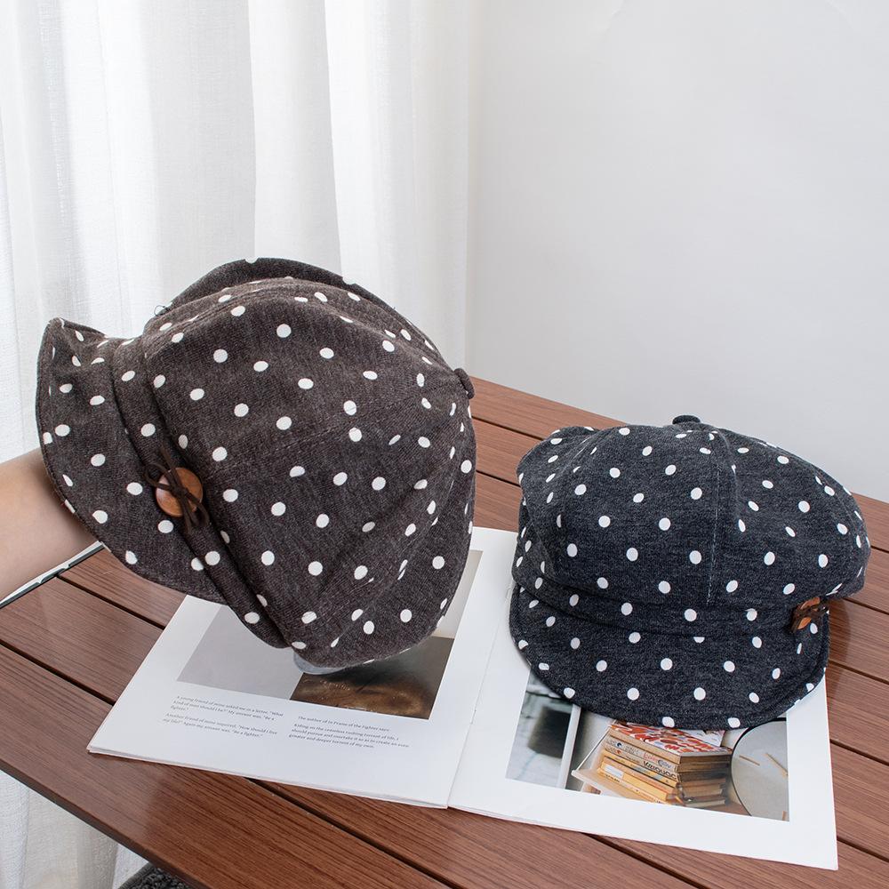 Retro polka dot soft brim octagonal hat girls autumn and winter literary versatile newsboy hat showing face little painter hat