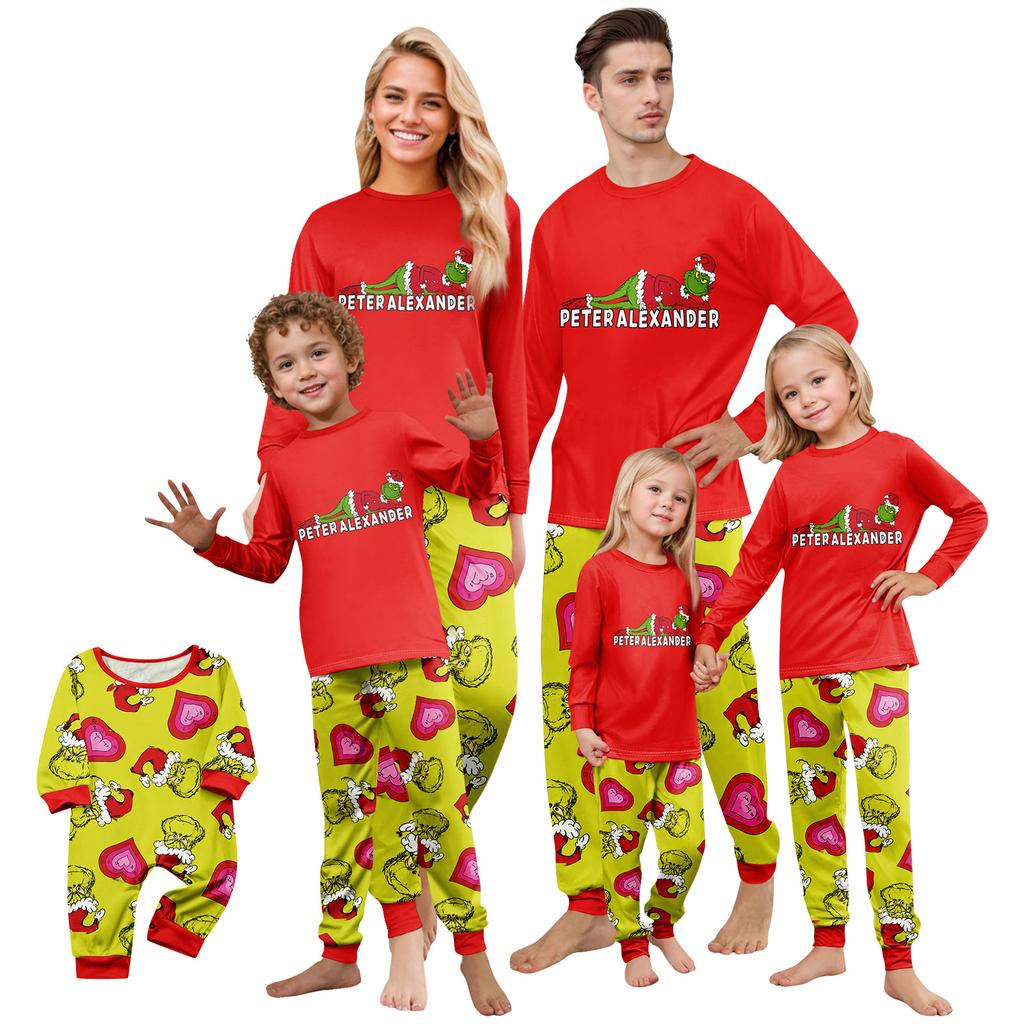 Family Matching Printed Neck Long Sleeve Loungewear Set with Long Pants for Parents and Kids