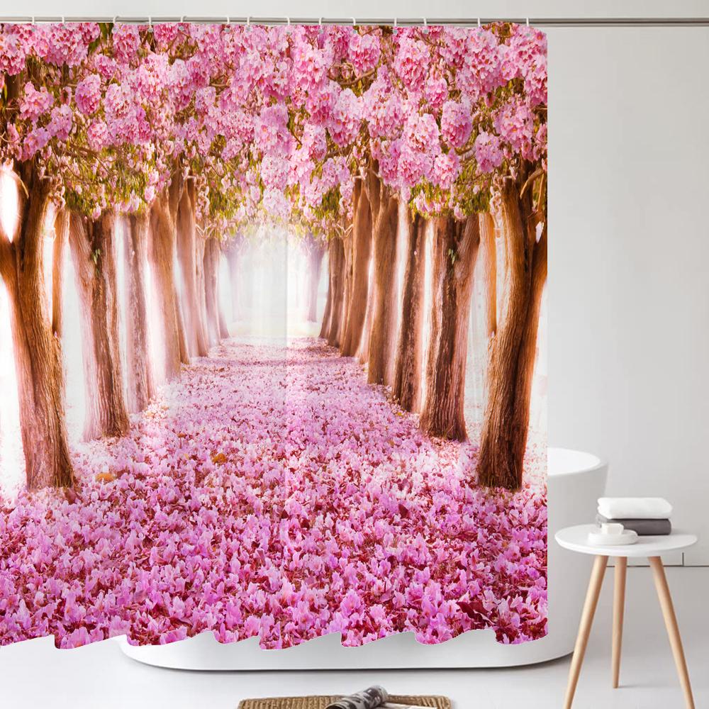 1Pcs Pink flower printing waterproof shower curtain, Rose flowers wall bathroom decorative curtain with plastic hooks