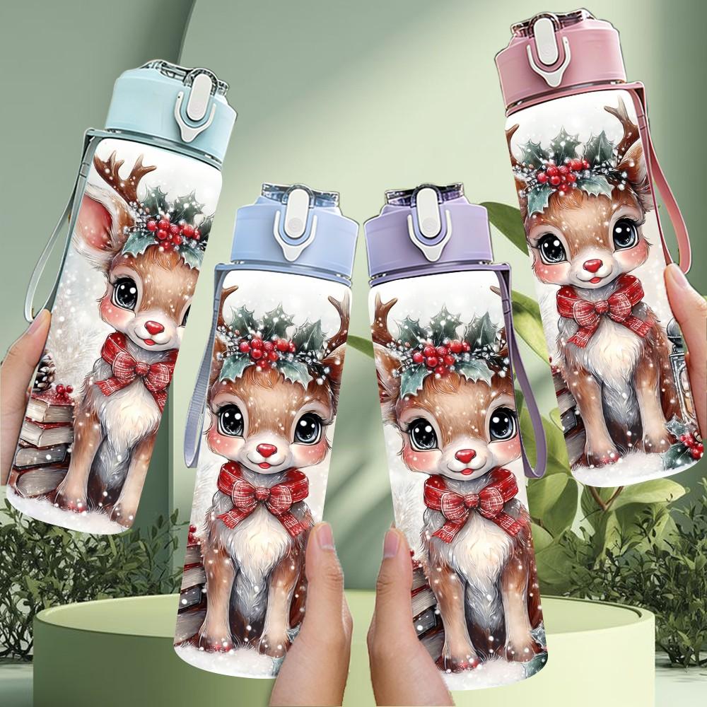 1PC Christmas Deer Snow Winter Animal Art 750ml Color Plastic Sports Water Bottle Leakproof Flip Straw Lid Suitable for Sports Office Home Use