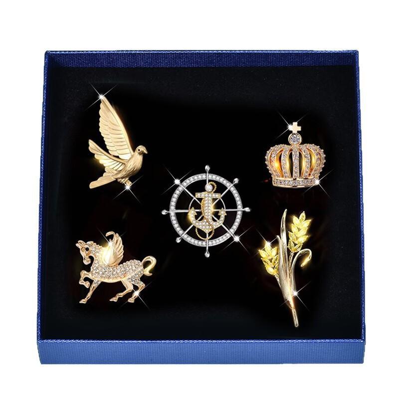 Mens Luxury Lapel Pin Set Alloy Electroplated Business Style Crown Anchor Design Gift Husband Boyfriend