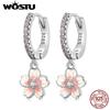 WOSTU Винтажные Серьги-кольца с Цветами и Кристаллами для Женщин 925 Пробы Серебро Розовые Вишневые Цветы Висячие Серьги Свадебные Заявление Серьги