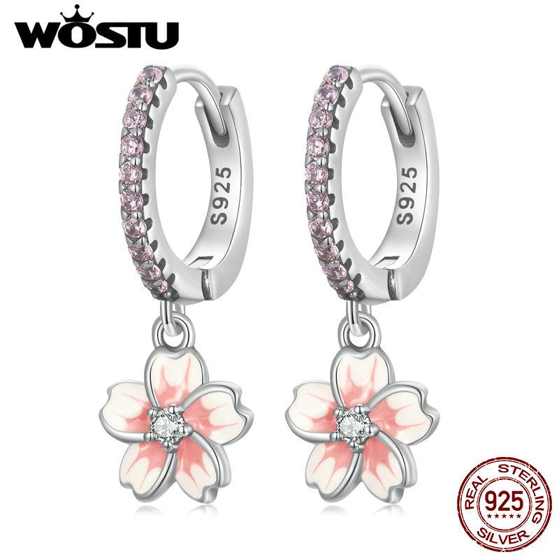 WOSTU Винтажные Серьги-кольца с Цветами и Кристаллами для Женщин 925 Пробы Серебро Розовые Вишневые Цветы Висячие Серьги Свадебные Заявление Серьги